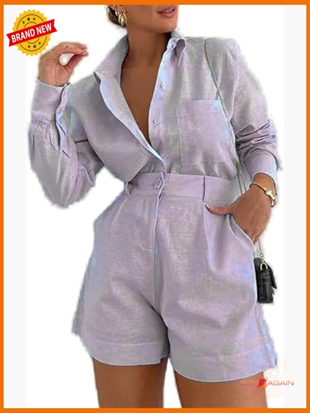Women's 2 Piece Long Sleeve Button Down Shirt and High Waisted Shorts Set